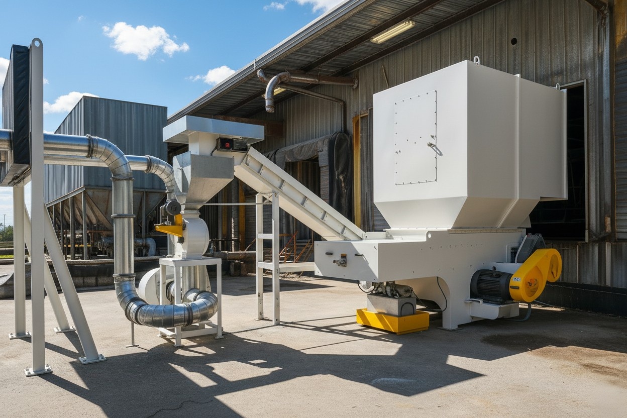 Wood waste recycling system grinder and conveyor tubes for lumber company in Birmingham Alabama.