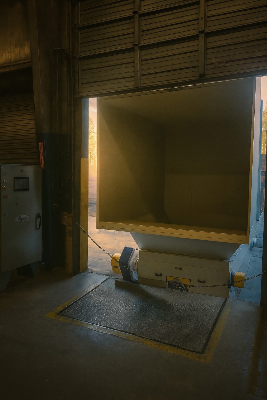 Hopper feed for eliminating wood scrap trash at lumber company in Birmingham, Alabama.