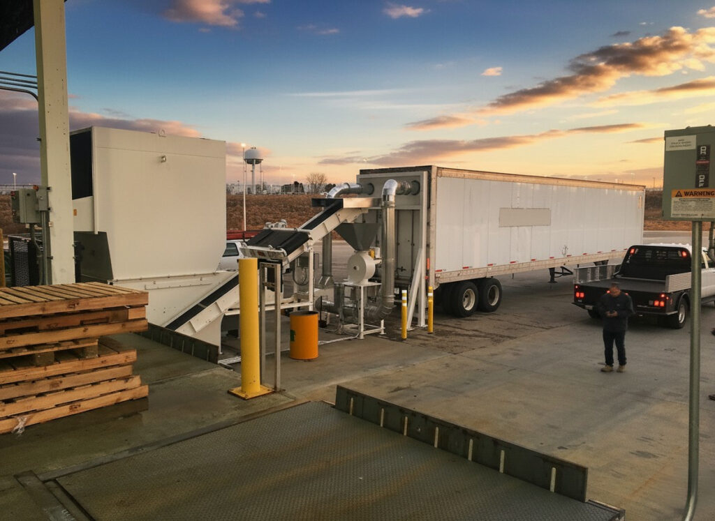 Boulware Equipment pallet scrap grinder system eliminating landfill costs for BMW