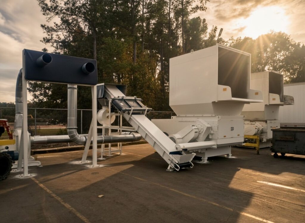 Dual Cresswood wood grinders installed by Boulware Equipment at Rocky Mount, NC manufacturing facility